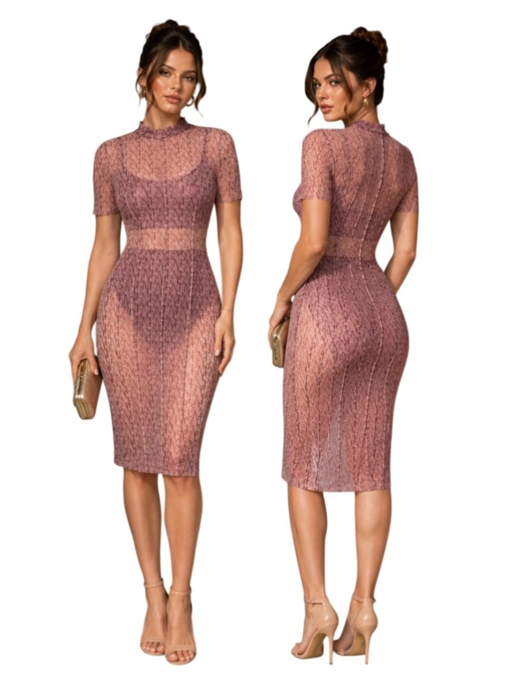 MISSGUIDED Sheer Midi Dress | Blush Mesh Monogram | Women's 10 | Rave Clubbing